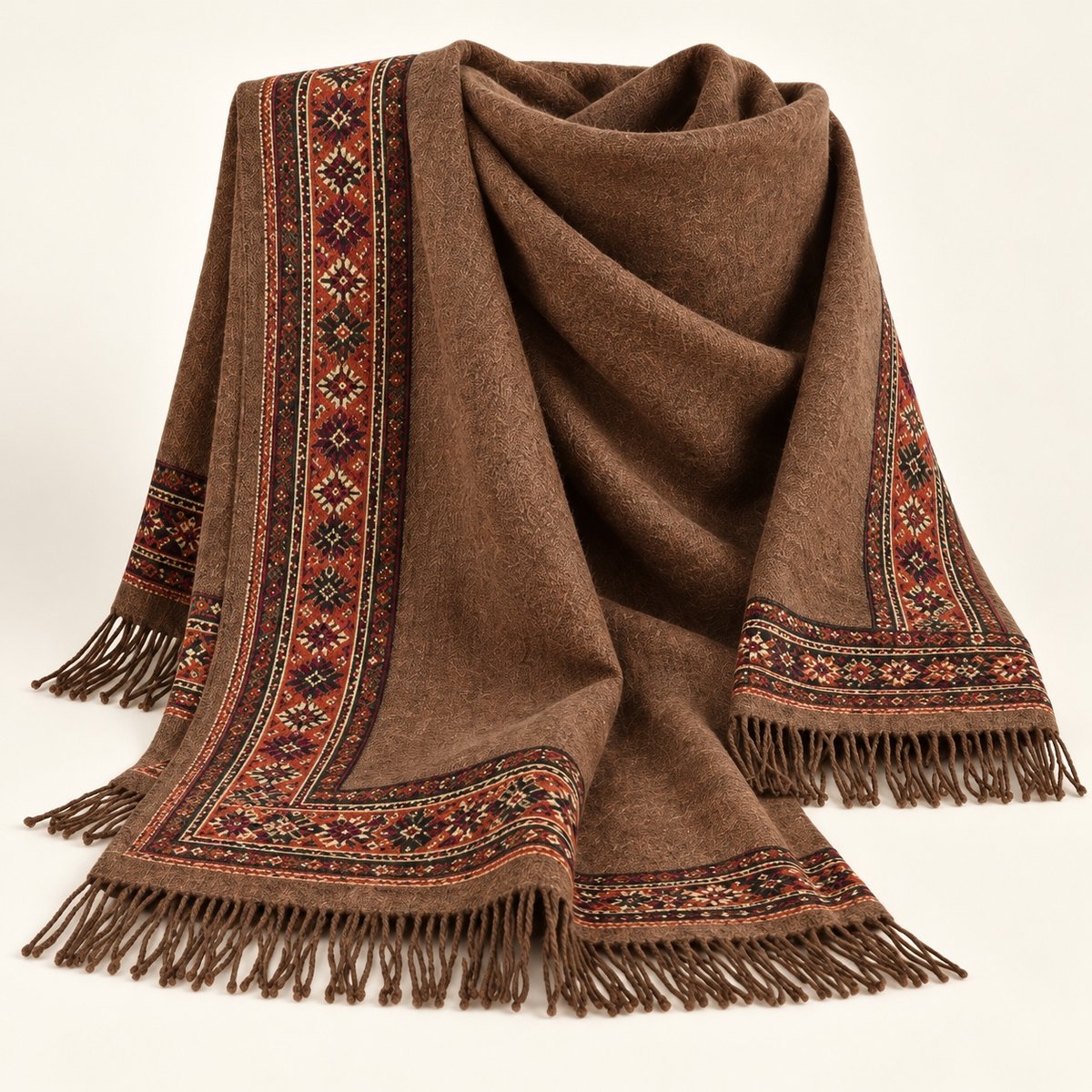 Afghan Traditional Shawl – Brown with Patterned Borders (Demo)